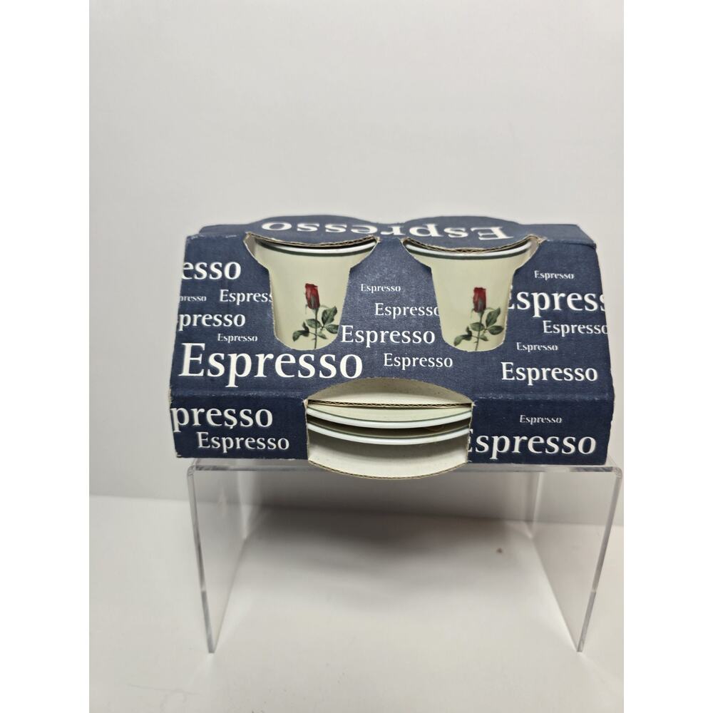 VTG New! Espresso Set: Two cups and two saucers with a Floral Rose Pattern